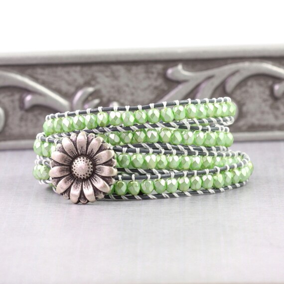 Mint Green Leather Wrap Bracelet Boho Jewelry Silver Skinny