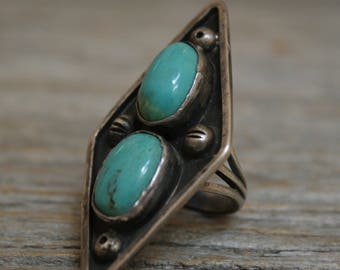 Old Pawn Native American Navajo Hachita Turquoise Sterling Silver Ring sz 5.5