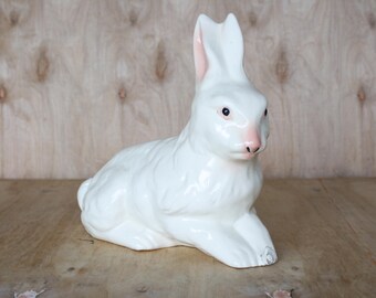 Ceramic White Rabbit Figurine/ Mid Century Ceramics/ Animal Statue/ Easter Bunny