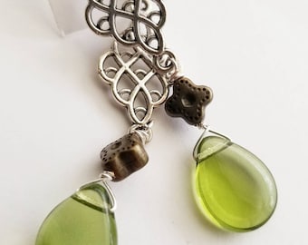 Olive green earrings, silver earrings, glass teardrops, silver scrolled earrings, flower earrings, green Czech glass, gifts for her,