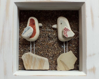 Scottish Sea Pottery Birds Picture - 3D Art Handmade in Scotland - Bird Lovers Gift - Birdwatcher Gifts - Wedding Present - Anniversary Gift