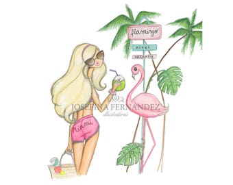Fashion illustration print, "Ocean Drive",Fashion sketch art,Fashion art print,Fashion illustration sketch,flamingo art watercolor,Miami art