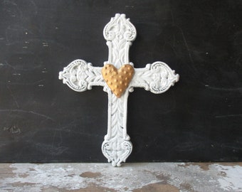 Rustic cast iron cross shabby white with golden heart wall hanging 8 inch metal cross Southwest Christian Farmhouse Rustic decor LW2
