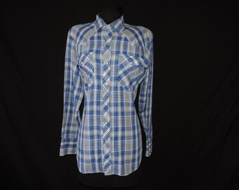 vintage plaid pearl snap shirt 70s navy metallic striped button down men's rockabilly shirt medium