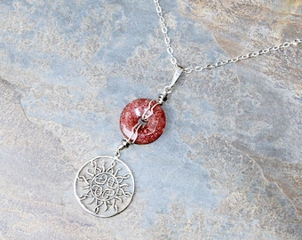 Celtic Sun Necklace, Pink Necklace, Wire Wrapped Necklace, Muscovite Necklace, Natural Stone Necklace, Celtic Necklace, For Her