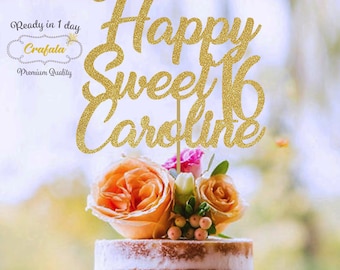 Happy Sweet 16 Birthday Cake Topper, Personalized Cake Topper, 16th Birthday Custom Cake Topper Gold Glitter, Custom Text Cake Topper