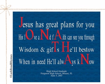 Religious Graduation Gift High School College Personalized Name Art Inspirational Graduation Gift Custom Motivational Poem 8x10 Jonathan