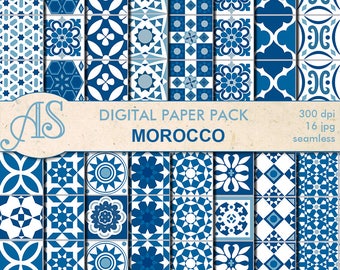 Digital Morocco Ethnic seamless Paper Pack, 16 printable Scrapbooking papers, blue morocco Digital Collage, Instant Download, set 99