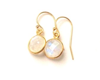 Moonstone Gold Earrings, Tiny Rainbow Moonstone, Faceted Round Moonstone Gemstone, choose your gemstone