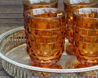 Vintage Amber Juice Glasses Whitehall Footed Drinkware Cube Pattern