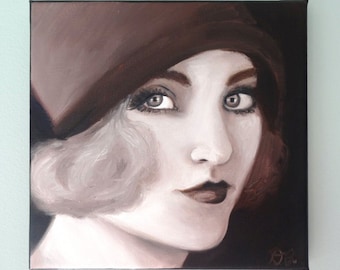 Vintage fashion portrait of woman in hat sepia fashion illustration beautiful face original art oil painting 1920s flapper glamorous art