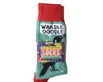 Magpie Talk socks | MENS SOCKS | Blue Mountains Socks australian made, original design, australiana, blue mountains, bird, fun, aussie