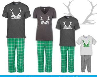 Personalized Christmas Reindeer Antler Pajamas, Family Christmas Pajamas, Infant Toddler Youth Christmas Pajamas, Holiday Pajamas, Hunting