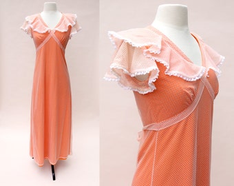 Vintage 70s Dress / Vintage Orange Swiss Dot Ruffle Maxi Dress