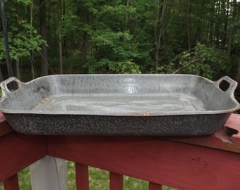 Large gray enamel roaster pan,2 handles,graniteware,extra large,enamelware,planter,porch decor,kitchen storage,21x14,rustic,farmhouse