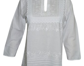 Free Spirit Ethnic Tunic Top Cotton Hand Embroidered White Summer Blouse Beach Cover Up S/M