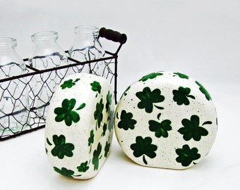 Ceramic Kelly Green Shamrock Salt and Pepper Shakers Hand Painted Irish Clover St. Patrick's Day Celebrations