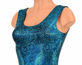 Turquoise on Black Shattered Glass Holographic Lycra Spandex Bodycon Clubwear Crop Top with Scoop Neckline - 150169