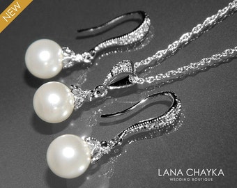 White Pearl Earrings and Necklace Set STERLING SILVER Cz White Drop Pearl Set Swarovski 8mm Pearl Necklace&Earring Set Small Pearl Set