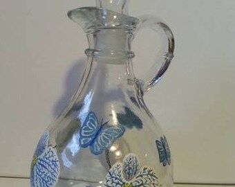 Hand Painted Glass Pitcher, White and Blue Orchids, Butterflies