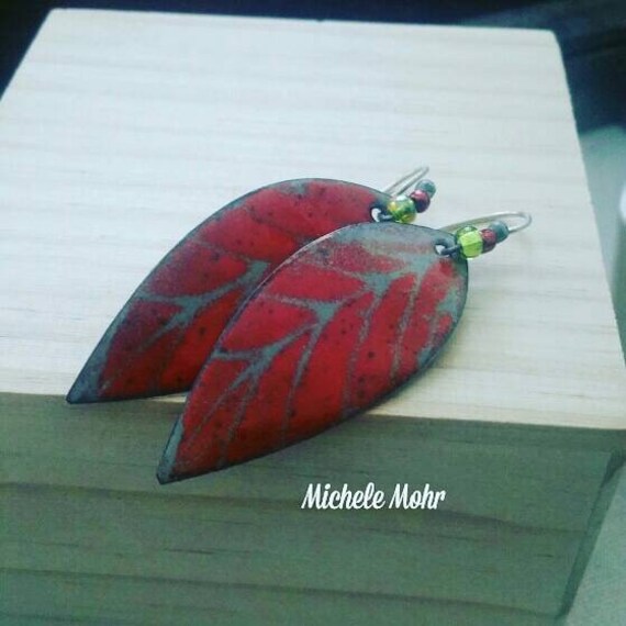 Slate Gray and Fire Orange Enamel Copper Leaf Earrings with Oxidized Sterling Silver Ear Wires