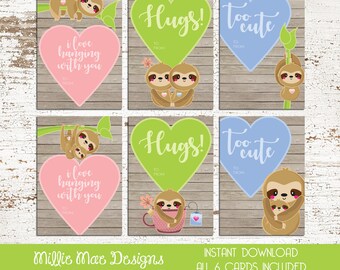 INSTANT DOWNLOAD - Cute Sloth Valentine's Day Cards