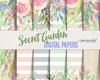 Floral Digital Paper: Watercolor/Stripes-Pastels,Blush,Gray,Sand,Mint,Wood,Neutrals-Invitations,Backgrounds,Scrapbook,12x12 Secret Garden