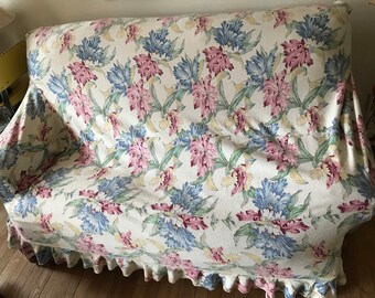 BarkCloth Look SlipCover Shabby Chic Small Sofa Slipcover County Cottage Barkcloth look Stretchy SlipCover Pink and Blue Floral Slipcover