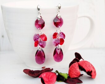 Long Fuchsia Red Swarovski Earrings-Long Evening Statement Crystal Earrings-Swarovski Crystal Jewellery-Long Dangle Red Silver Earrings