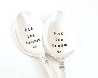 His & her ice cream spoons, Custom spoons, Vintage hand stamped dessert spoons, Wedding spoons, Silver plate spoon set, Gift for couples