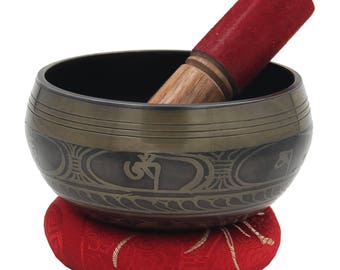 Tibetan Old Singing Bowl Set ~ With Mallet & Brocade Cushion ~ For Meditation, Chakra Healing, Prayer ,Yoga