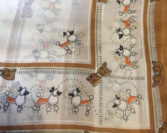 Poodle Dog Scarf, Gold and white Silk blend, Vintage Neck Scarf