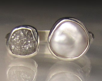 Baroque Pearl and Rough Diamond Ring - Open Face Engagement Ring - Made to Order