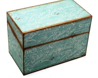 Wood Recipe Box Vintage Blue with Cooking Words Fits 4x6 Cards