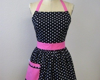 Retro Apron Polka Dot Black and White with HOT Pink Full Apron