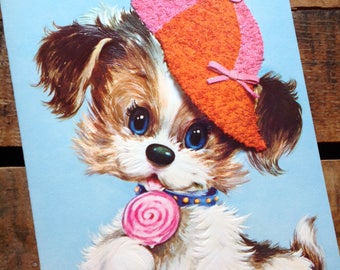 Vintage Pastel Pets Oversized Blue Puppy Greeting Card - Unused - Thinking of You, Get Well Card