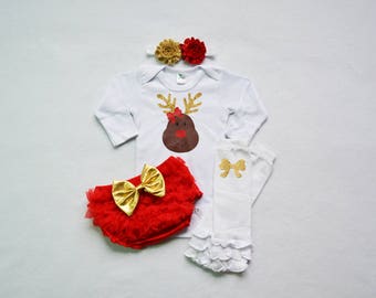 reindeer baby girl christmas outfit - red and gold baby christmas - my first christmas baby girl outfit - my 1st christmas baby