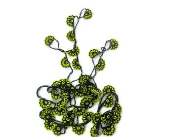Crochet lariat scarf with Beads in Black, Yellow, Necklace, Harvest, Feminine, OOAK, Unique