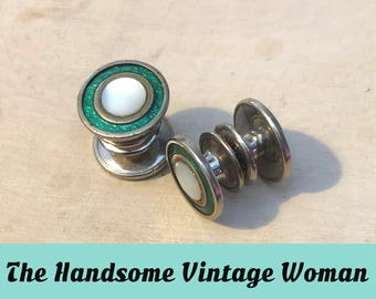 Vintage 1920s Snap Link Cuff Links, Mother of Pearl and Green Round Snap Links, Kum-A-Part Style