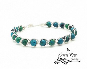 Azurite gemstone bracelet, Chrysocolla Azurite gemstone, gemstone jewelry, wire wrapped bracelet, wire wrap bracelet, wire wrapped bangle