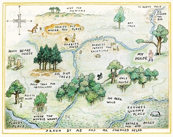 Colored Pencil - Map of the Hundred Acre Woods -Winnie The Pooh by E.H. Shepard - Art Reproduction-100 Aker Woods