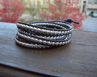 Leather Beaded Wrap Bracelet - Brown and Silver