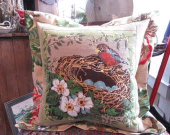 21" x 21" Vintage Needlepoint of a Robin on Her Nest Full of Eggs