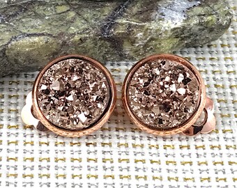 Rose Gold Druzy Clip On Earrings - Drusy - Clip On Earrings - Rose Gold Earrings - Non Pierced Ears - Rose Gold Clip Ons - Druzy Clip Ons