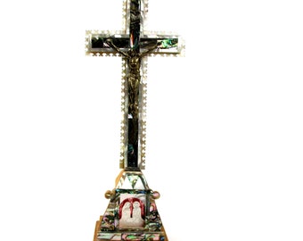 Vintage Jerusalem Stand Crucifix w/ Mother of Pearl, Abalone, Olive Wood Jerusalem Souvenir Cross, 14 stations of Cross,Shell Nativity Scene