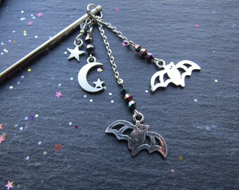 Cute Bats Hair stick, Bat Hair stick, Bun Accessory, Moon Bat Hair Accessory, Gothic, Hair jewellery, Alternative Hair Accessory, Hair Stick