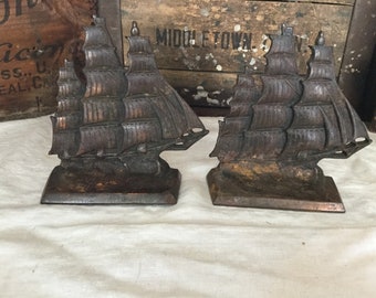 Vintage Clipper Ship Bookends / Cast Iron Patinaed Copper Finish