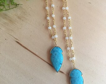 Gold arrowhead necklace, turquoise arrowhead necklace, rosary necklace with pendant, turquoise arrowheads