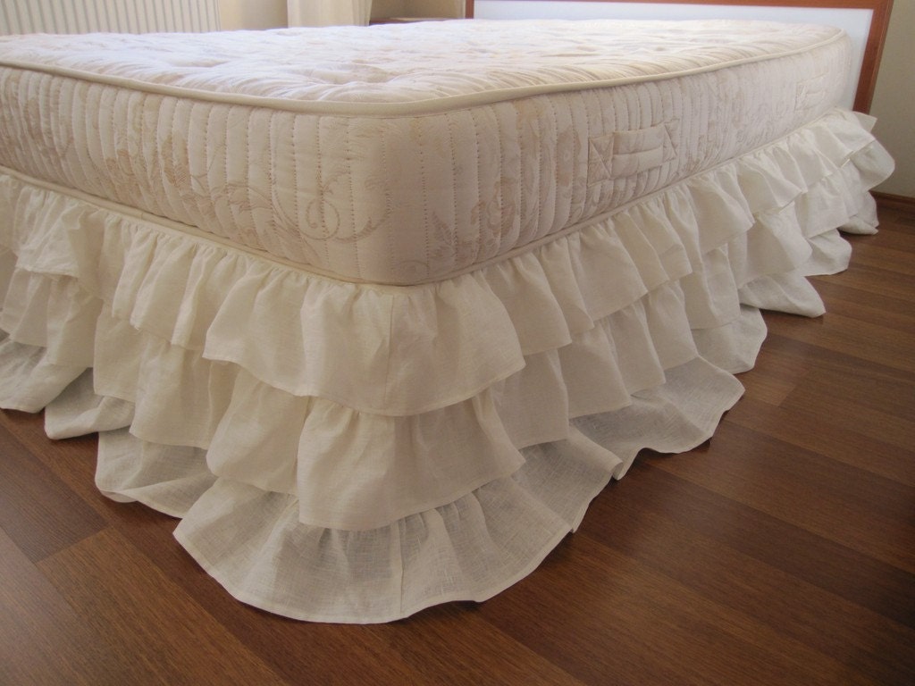 Queen king linen 3 tier ruffle bed skirt Dust ruffle shabby