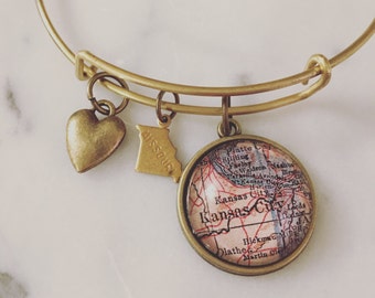 Kansas City Map Charm Bangle Bracelet - Personalized Map Jewelry - Bangle - Missouri - KC - Hometown - Wanderlust